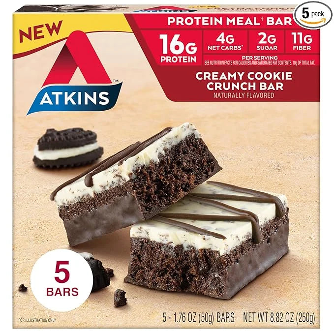 Atkins Creamy Cookie Crunch Meal Bars, 16g Protein, Excellent Source of Fiber, 2g Sugar, 4g Net Carbs, 5 Count - Product I...