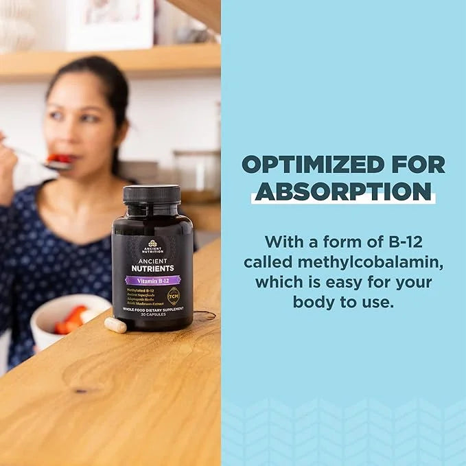 Vitamin B12 Supplement by Ancient Nutrition, Supports Energy Metabolism and Nervous System Health, Adaptogenic Herbs, Enzy...