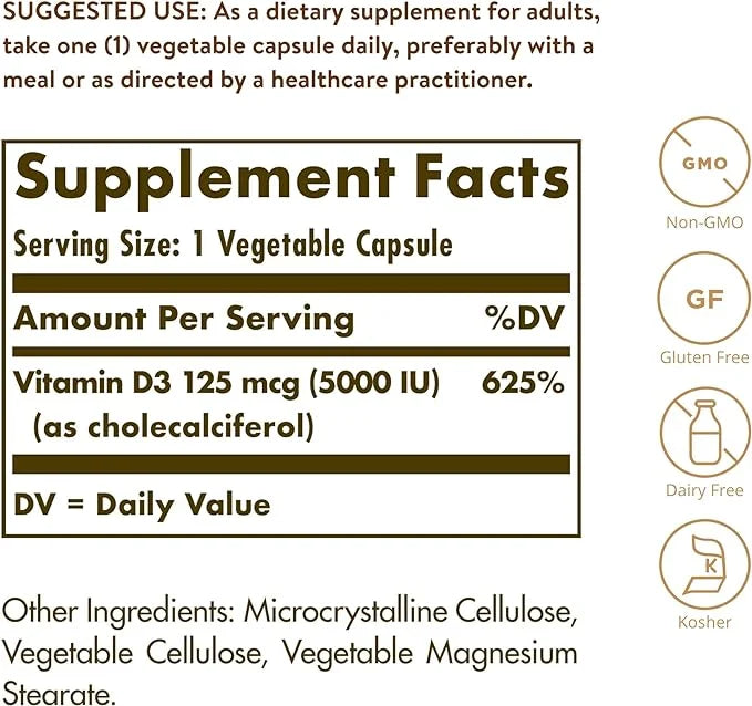 Solgar Vitamin D3 (Cholecalciferol) 125 Mcg (5000 IU), 120 Vegetable 120 Servings