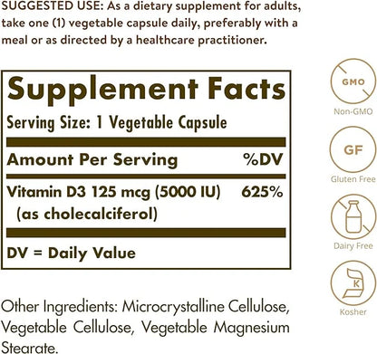 Solgar Vitamin D3 (Cholecalciferol) 125 Mcg (5000 IU), 120 Vegetable 120 Servings