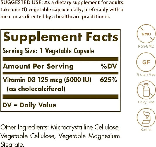 Solgar Vitamin D3 (Cholecalciferol) 125 Mcg (5000 IU), 120 Vegetable 120 Servings
