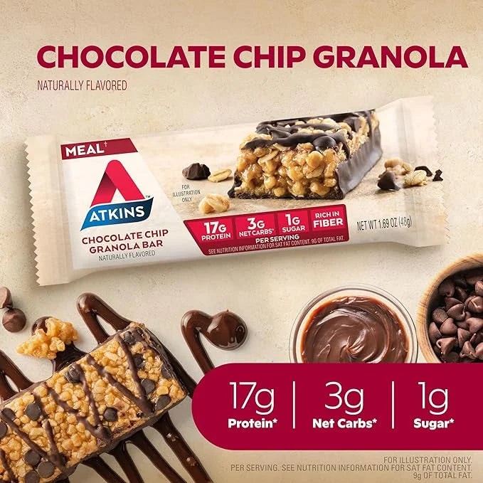 Atkins Chocolate Chip Granola Protein Meal Bar, High Fiber, 17g Protein, 12 Count and Chocolate Almond Caramel Bar, Keto-F...