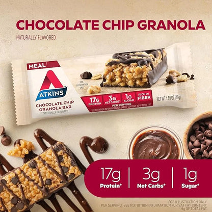 Atkins Chocolate Chip Granola Protein Meal Bar, High Fiber, 17g Protein, 12 Count and Chocolate Almond Caramel Bar, Keto-F...