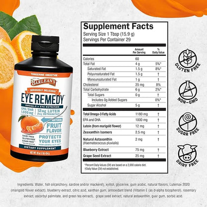 Barlean's Eye Remedy Supplement, Tangerine Flavored Fish Oil Liquid with Lutein, Astaxanthin and Zeaxanthin,1,000mg Omega ...