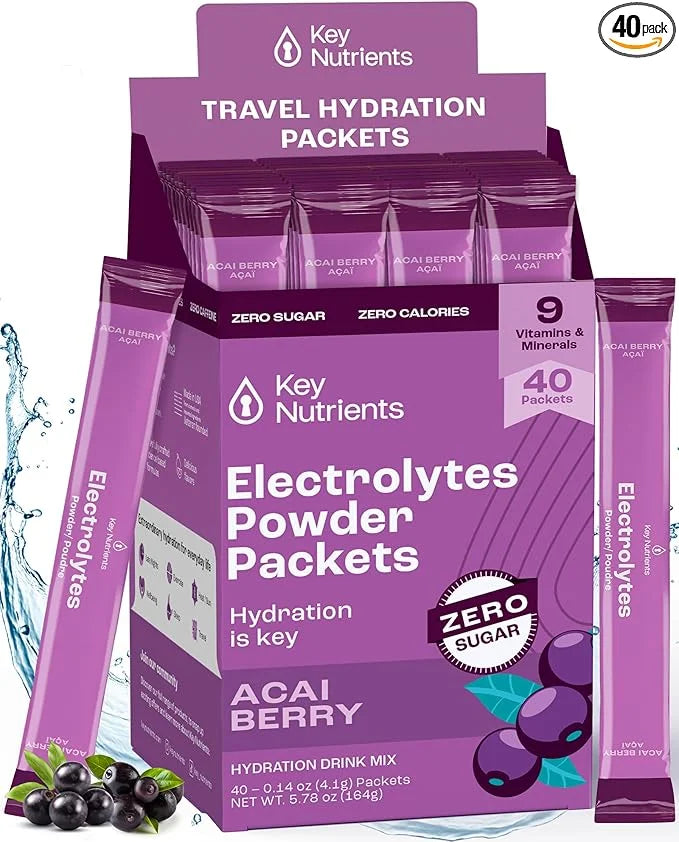 KEY NUTRIENTS Multivitamin Electrolytes Powder Packets - Delicious Acai Berry 40 Pack Hydration Packets - Travel Hydration...