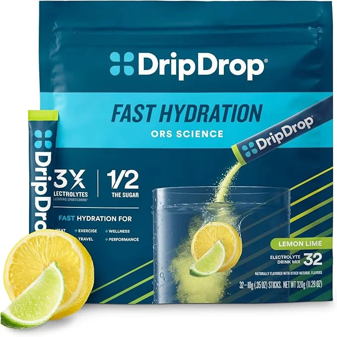 DripDrop Hydration - Lemon Lime - Electrolyte Drink Mix Single Serve Powder Packets | Non-GMO, Gluten Free, Vegan | 32 Sti...