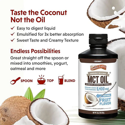 Barlean's MCT Oil Supplement, Coconut Flavored for Keto Coffee, Emulsified Creamy Liquid Syrup with 5,400mg Plant-Based MC...