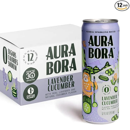 Aura Bora, Lavender Cucumber Herbal Sparkling Water, 12 oz Can (Pack of 12), 0 Calories, 0 Sugar, 0 Sodium, Non-GMO - Prod...