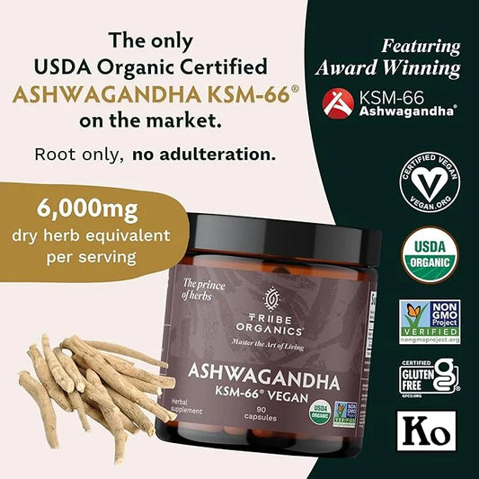 TRIBE ORGANICS Vegan Ashwagandha KSM 66 600mg of KSM66 for 90 Capsules
