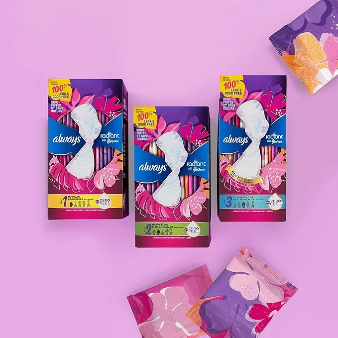 Always Radiant Feminine Pads for Women, 3 Extra 30 CT