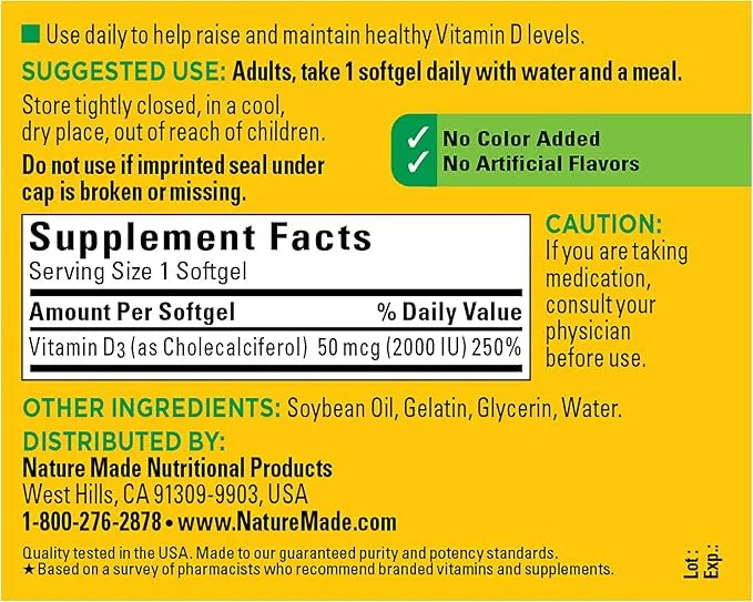 Nature Made Vitamin D3 2000 IU (50 mcg), 250 Softgels, 250 Day