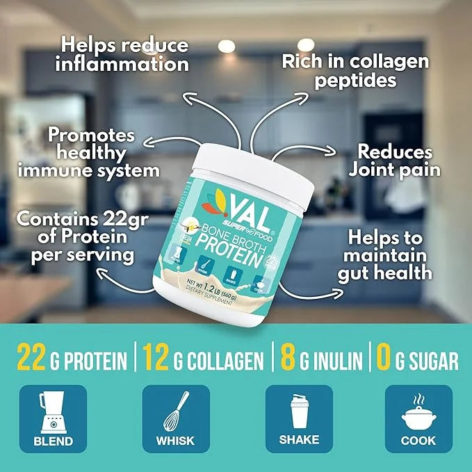 VAL Chicken Bone Broth Powder Protein, 22g Protein, 12g Collagen, 8g Inulin, Pea Protein & MCT Oil, Supports Healthy Skin,...