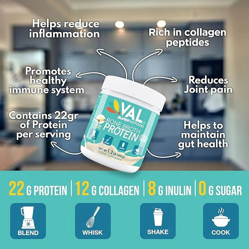 VAL Chicken Bone Broth Powder Protein, 22g Protein, 12g Collagen, 8g Inulin, Pea Protein & MCT Oil, Supports Healthy Skin,...