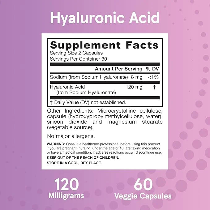 Jarrow Formulas Hyaluronic Acid 120 mg, Dietary Supplement, Skin Health Support, 60 Veggie Capsules, Up to 30 Day Supply -...