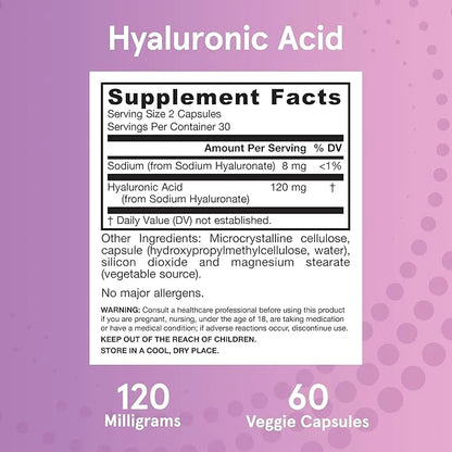 Jarrow Formulas Hyaluronic Acid 120 mg, Dietary Supplement, Skin Health Support, 60 Veggie Capsules, Up to 30 Day Supply -...