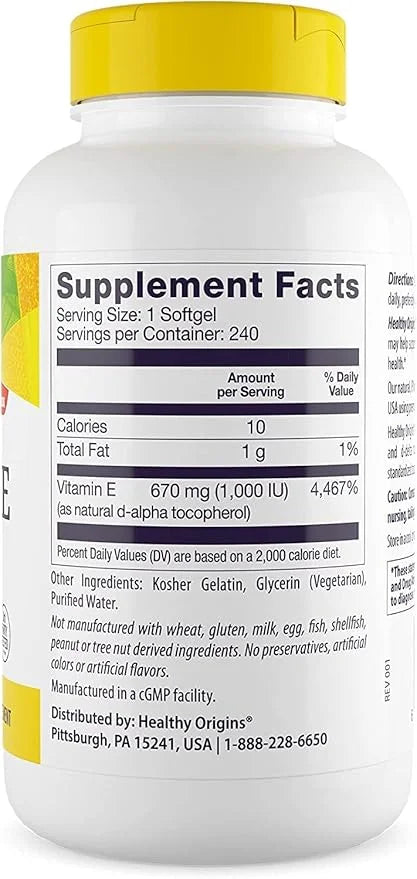 Healthy Origins Vitamin E, 1,000 IU 240 Softgels