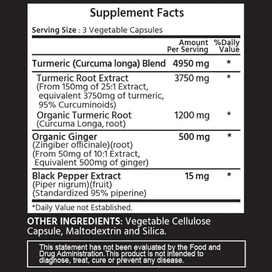Extra Strength Turmeric Curcumin 4950 mg 120 Vegetable 95% Curcuminoids,