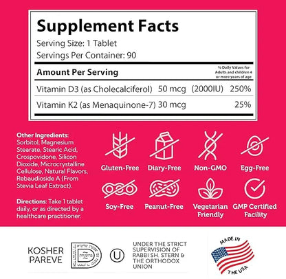 Zahler - Junior Vitamin D3 + K2 Chewable Tablets for Kids| Vitamin D for Kids 2000 IU | Delicious Vitamin D K2 Chews to Su...