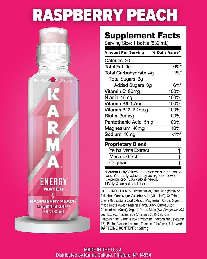 Karma Natural Energy Drink - 12 Pack, Raspberry Peach Caffeinated Water - Clean Focus & Energy Boost - Product Image