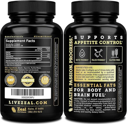 Pure MCT Oil Capsules (360 Softgels | 3000mg) 4 Month Supply Keto Pills w Unrefined Coconut - C10 & C8 Brain Fuel, Energy,...