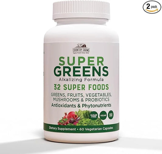 COUNTRY FARMS Super Greens Vegicaps, 32 Super Foods, Whole Food Supplement, Greens, Fruit, Vegetables, Mushrooms & Probiot...