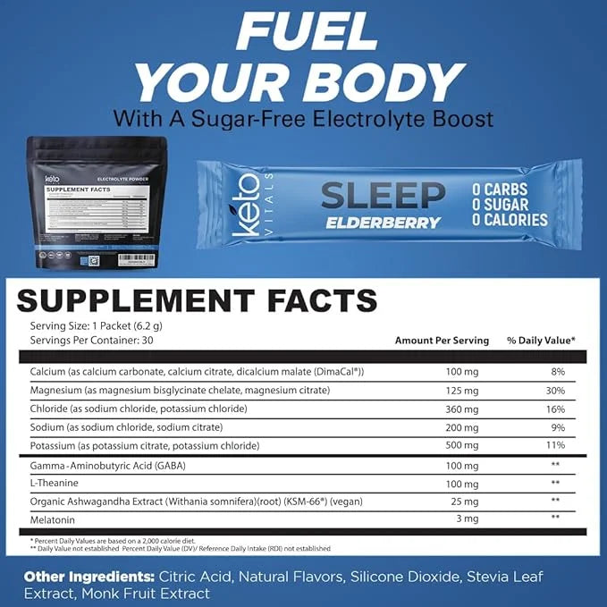 Keto Vitals Sleep Drink Electrolyte Sleep Powder Packets - Fast-Acting Sleep Blend of Melatonin 3mg, GABA, L-Theanine, & A...