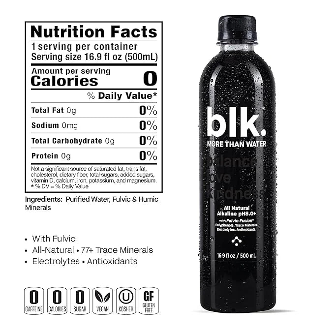 blk. Natural Mineral Alkaline Water, 16.9 oz. (500 mL), 12 Pack, 8 pH Water, Bioavailable Fulvic & Humic Acid Extract, Tra...