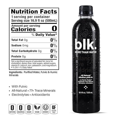 blk. Natural Mineral Alkaline Water, 16.9 oz. (500 mL), 12 Pack, 8 pH Water, Bioavailable Fulvic & Humic Acid Extract, Tra...