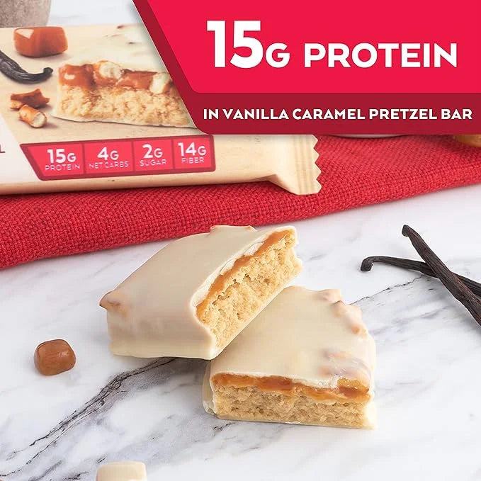 Atkins Vanilla Caramel Pretzel Protein Meal Bar, High Fiber, 2g Sugar, 4g Net Carbs, Meal Replacement, Keto Friendly, 5 Co...