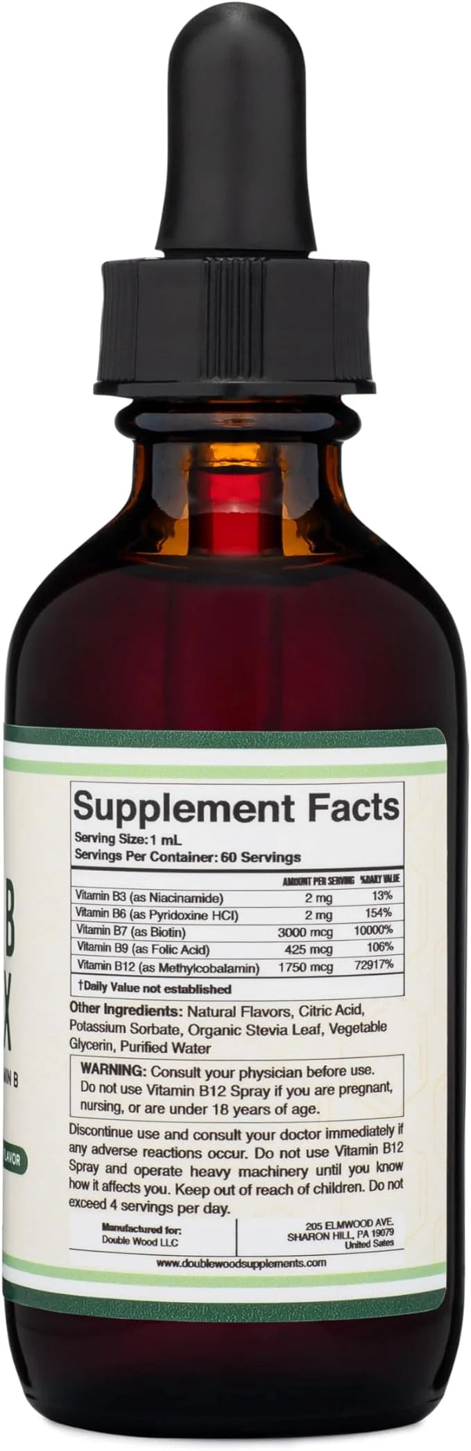Double Wood Supplements Liquid Vitamin B Complex 2 Month B3, B6, B6, B7 B7 (Biotin), B9, and B12 - 2 FL