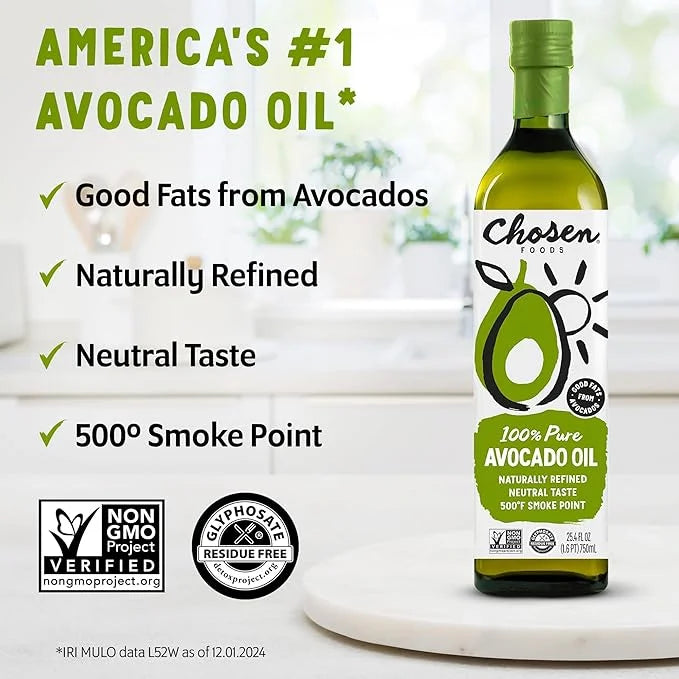 Chosen Foods 100% Pure Avocado Oil for Cooking - 25.4 floz - Rich in Good Fats, Vitamin E, Naturally Refined, High Smoke P...