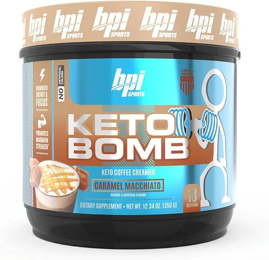 BPI Sports Keto Bomb Coffee Creamer - Supports Energy and Hydration - MCT and Electrolytes - with Calcium - Caramel Macchi...