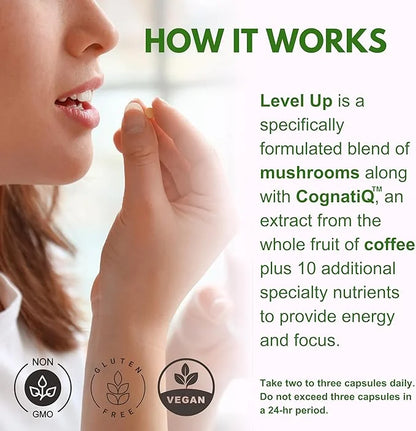 Life Happns Level Up Energy and Focus Supplement with Lions Mane, Ginkgo Biloba, L Theanine, Cordyceps Mushroom, Vitamin B...