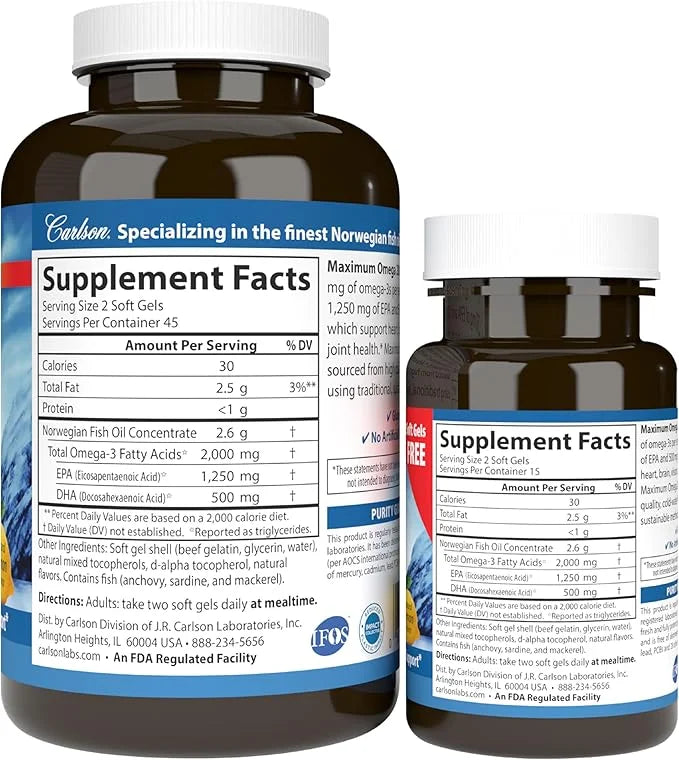 Carlson - Maximum Omega 2000, 2000 Omega-3 Fatty 90+30 Softgels