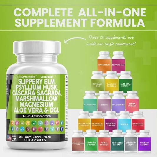 Clean Nutraceuticals Slippery Elm Psyllium Husk Pre Probiotic Digestive Gut Health Supplement with Aloe Vera Cascara Sagra...