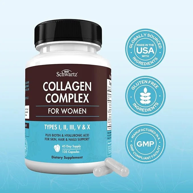 Hydrolyzed Collagen Peptide Capsules for Women - Multi Collagen Supplement Types I, II, III, V, X with Vitamin C, Biotin, ...