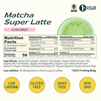 JIBBY Mushroom Matcha Super Latte - Ceremonial Grade Green Tea Organic Matcha Powder, Collagen, MCT Oil, Superfood Mushroo...