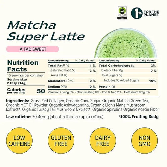 JIBBY Mushroom Matcha Super Latte - Ceremonial Grade Green Tea Organic Matcha Powder, Collagen, MCT Oil, Superfood Mushroo...