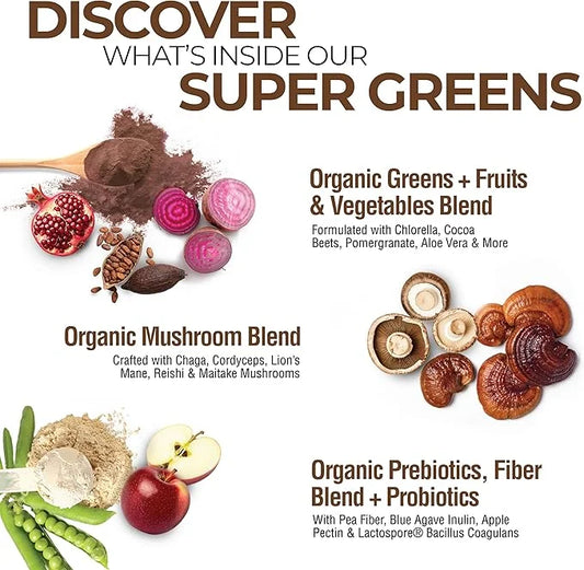 COUNTRY FARMS Organic Super Greens Chocolate Flavor, 50 Organic Super Foods, USDA Organic Drink Mix, Packed with Fiber, Fr...