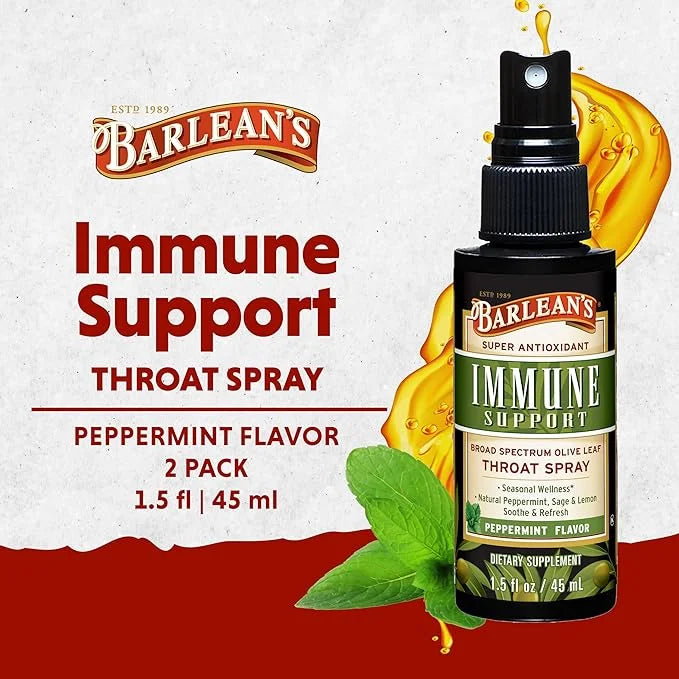 Barlean's 2 Pack Olive Leaf Complex Throat Spray with Peppermint, Lemon, and Sage for Itchy Throat Relief, Immune Support ...
