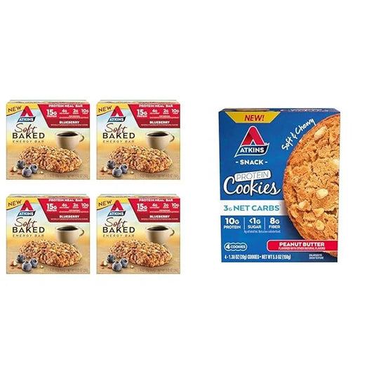 Atkins Soft Baked Energy Bars, Blueberry, 15g Protein,2g Sugar, Excellent Source & Peanut Butter Protein Cookie, Protein D...