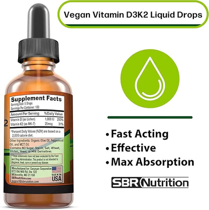 Vegan Vitamin D3 + K2 (MK-7) Liquid Drops with MCT Oil, Peppermint Flavor, Helps Support Strong Bones and Healthy Heart - ...