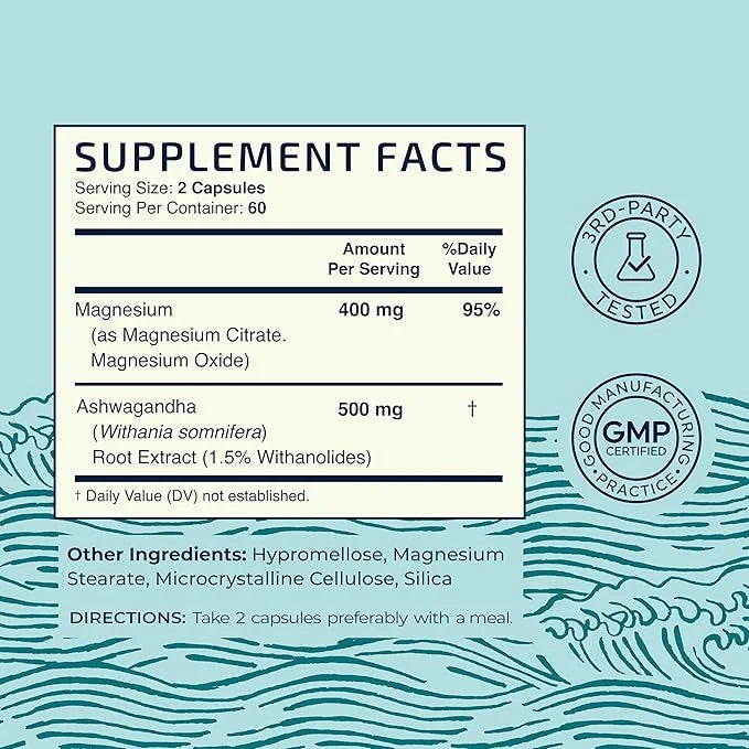 Magnesium Ashwagandha | Calming Magnesium Supplement for Adults | Relax, Rest, Calm Mood & Sleep Support | Mag Citrate & O...