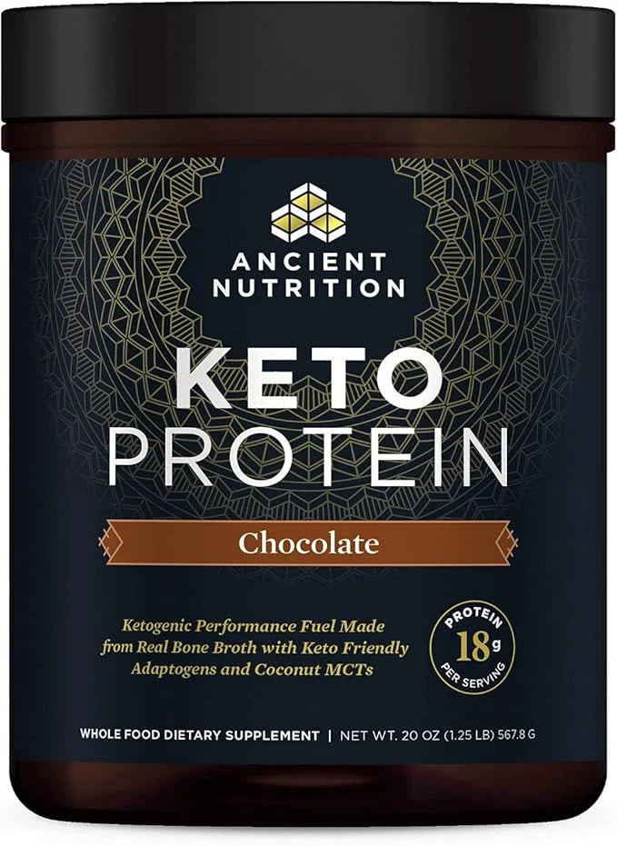 Ancient Nutrition Keto Protein Powder, KetoPROTEIN with Fats from Bone Broth and MCT Oil, Chocolate, 18g Protein 10g Fat P...