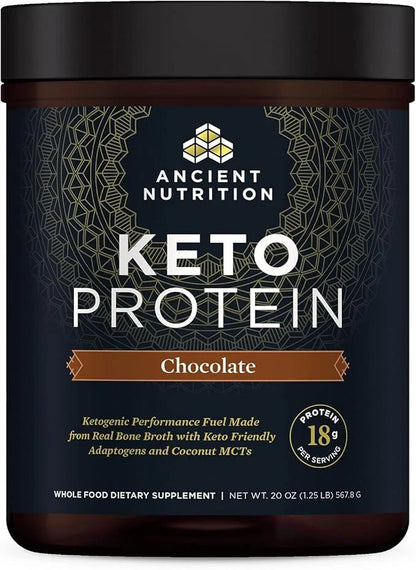 Ancient Nutrition Keto Protein Powder, KetoPROTEIN with Fats from Bone Broth and MCT Oil, Chocolate, 18g Protein 10g Fat P...