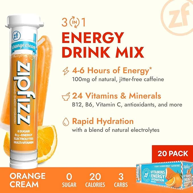 Zipfizz Daily Energy Drink Powder, Orange Cream, 20 Pack | 3-in-1 Sustained Energy, Rapid Hydration, and Essential Vitamin...