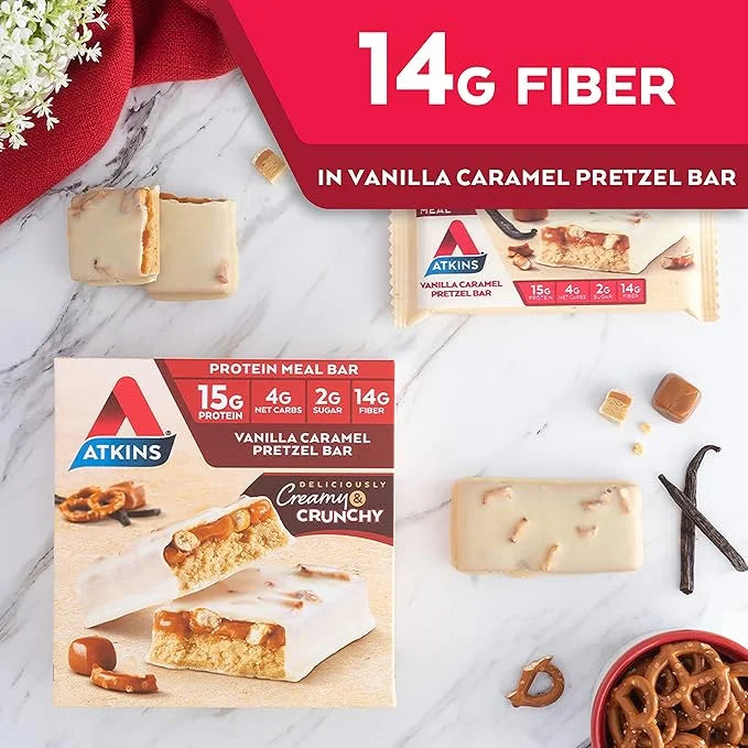 Atkins Vanilla Caramel Pretzel Protein Meal Bar, High Fiber, 2g Sugar, 4g Net Carbs, Meal Replacement, Keto Friendly, 5 Co...