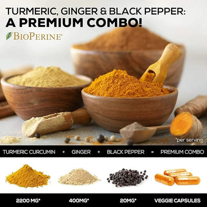 Turmeric Curcumin with BioPerine & Ginger 95% Curcuminoids 2600mg - 120 Capsules