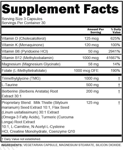 Clean Nutra TMG Taurine Supplement B6 Vitamins, B12, D3 D3 K2, K2, Berberine, 3 Turmeric COQ10 & 90 Ct