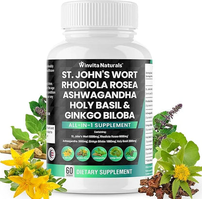 St Johns Wort 6000mg Rhodiola Rosea 6000mg Ashwagandha 3000mg Holy 2000mg Ginkgo 1000mg -